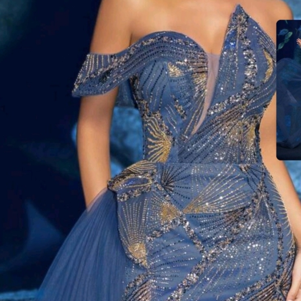 Elegant Blue and Gold Off-Shoulder Dress